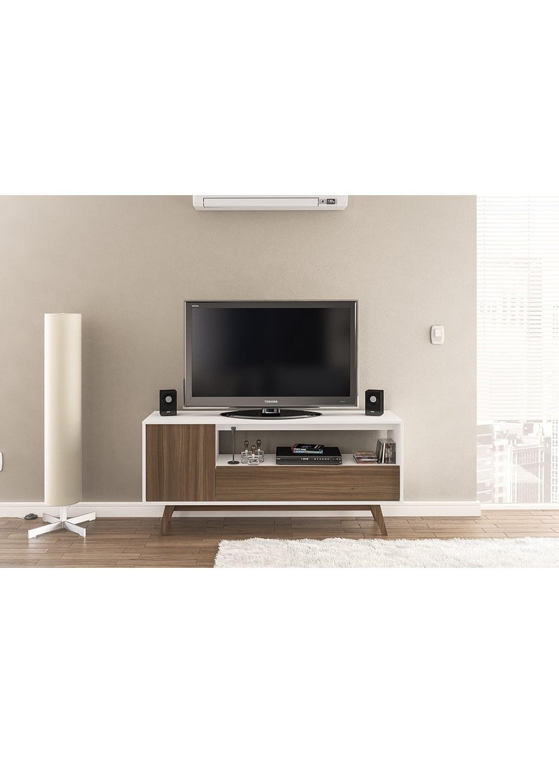 Polifurniture Porto Seguro 59" TV Stand, One Door & One Drawer, White/Brown Walnut - Image 2